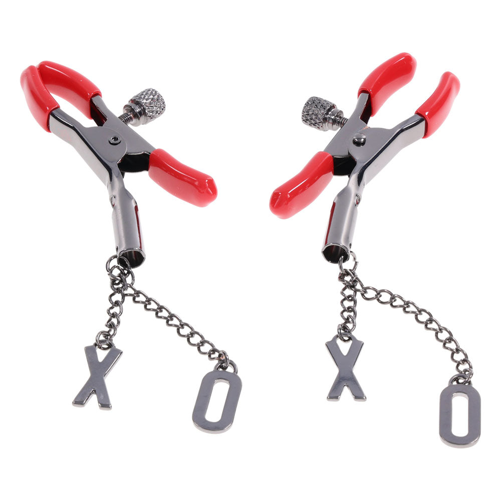S&M Exs & Ohs Nipple Clamps - Red Tipped Metal Nipple Clamps - Set of 2 - SS09983