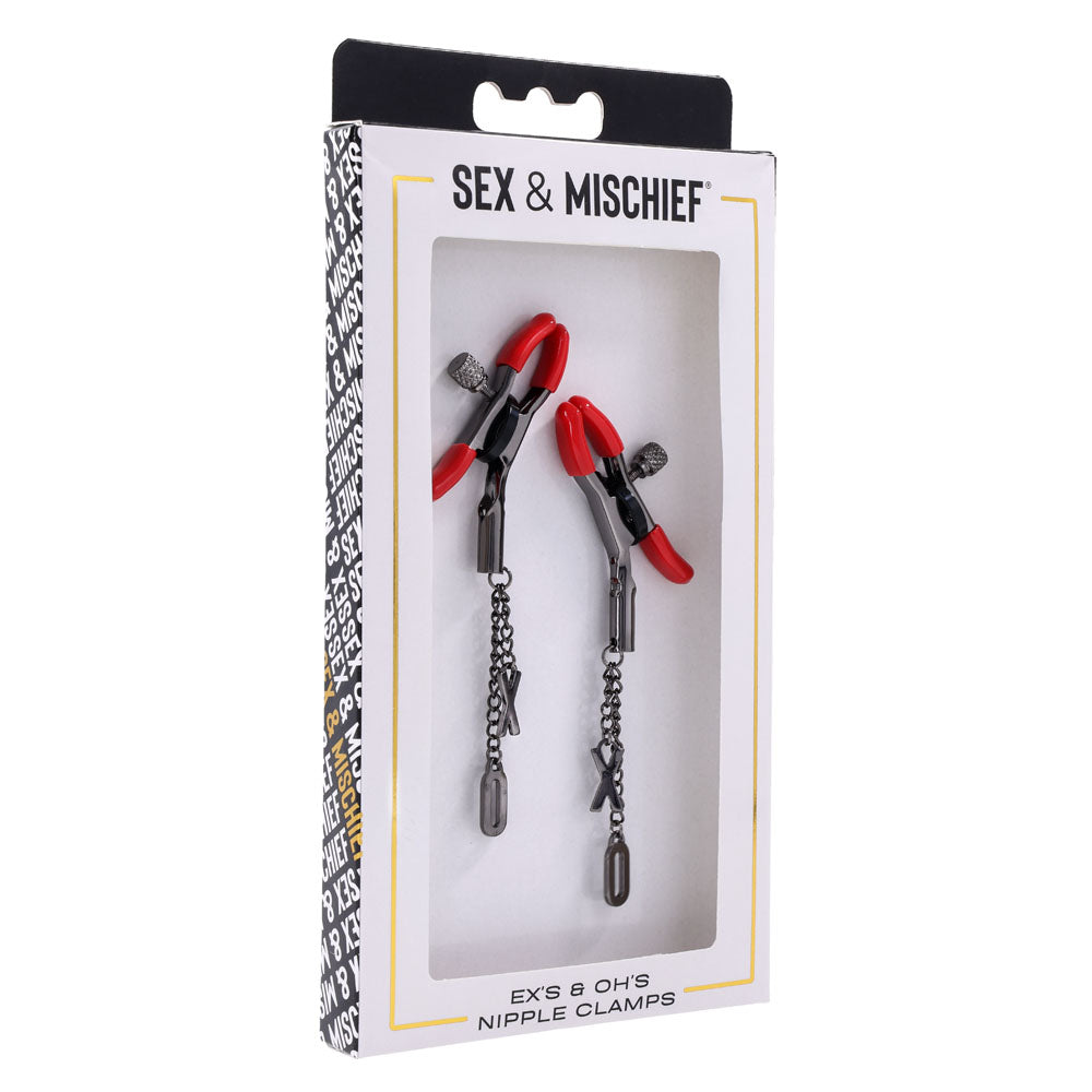 S&M Exs & Ohs Nipple Clamps - Red Tipped Metal Nipple Clamps - Set of 2 - SS09983