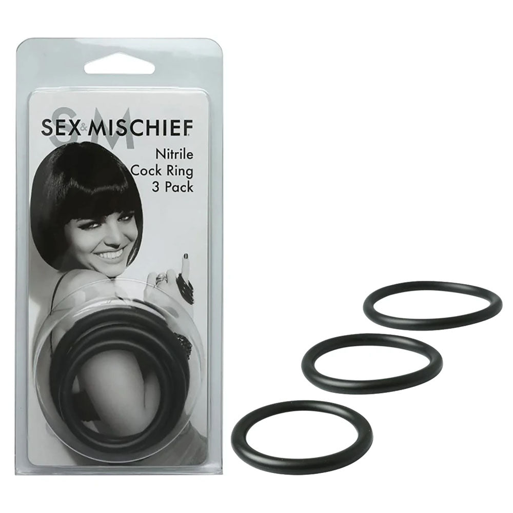 Sex & Mischief Nitrile Cock Ring 3 Pack - Black Cock Rings - Set of 3 Sizes - SS10034