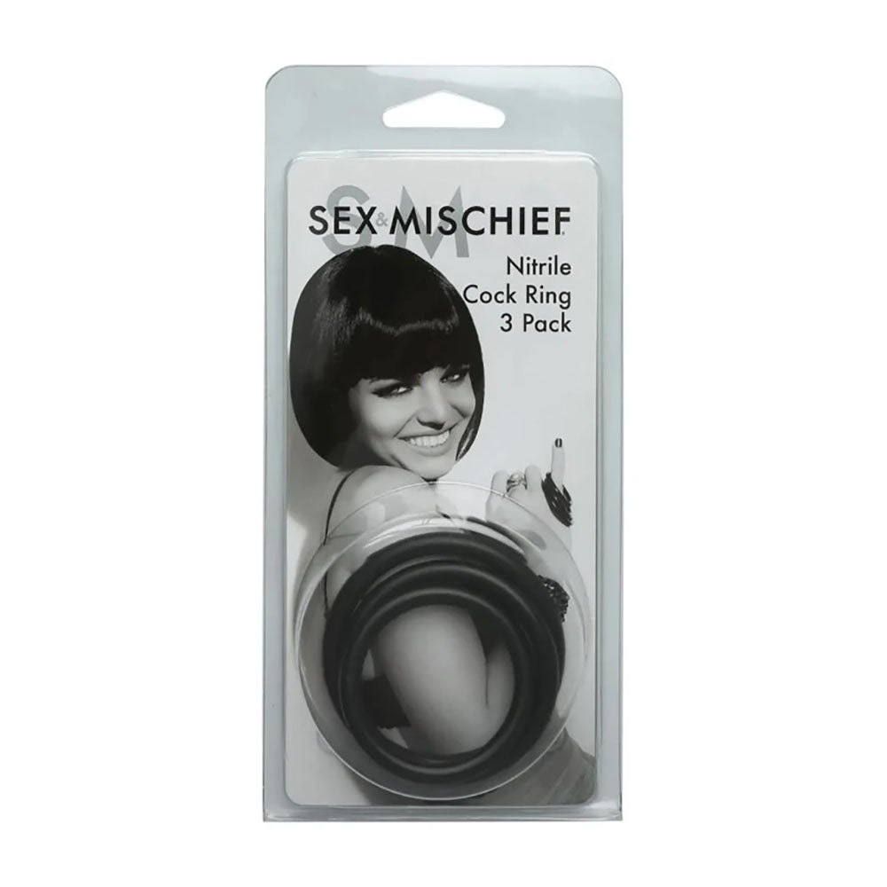 Sex & Mischief Nitrile Cock Ring 3 Pack - Black Cock Rings - Set of 3 Sizes - SS10034