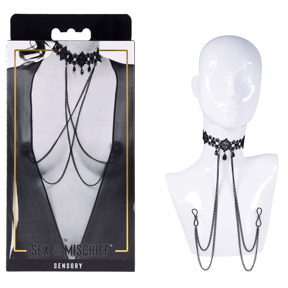 Sex & Mischief Lace Collar with Nipple Ties - Black Neck and Nipple Restraints - SS10104