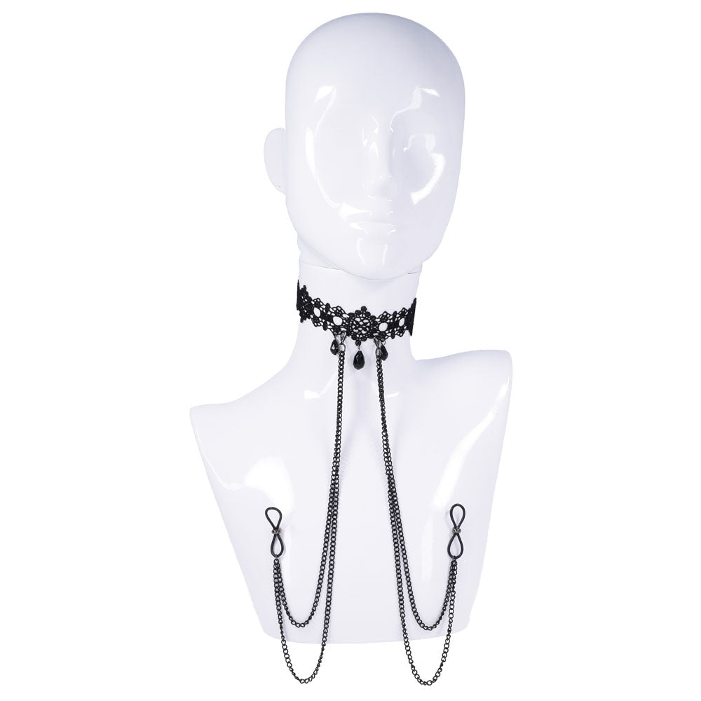 Sex & Mischief Lace Collar with Nipple Ties - Black Neck and Nipple Restraints - SS10104