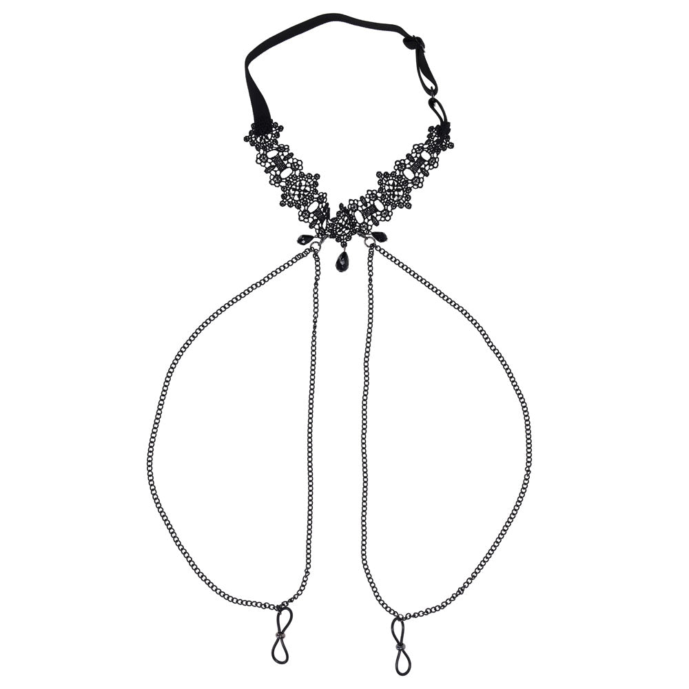 Sex & Mischief Lace Collar with Nipple Ties - Black Neck and Nipple Restraints - SS10104