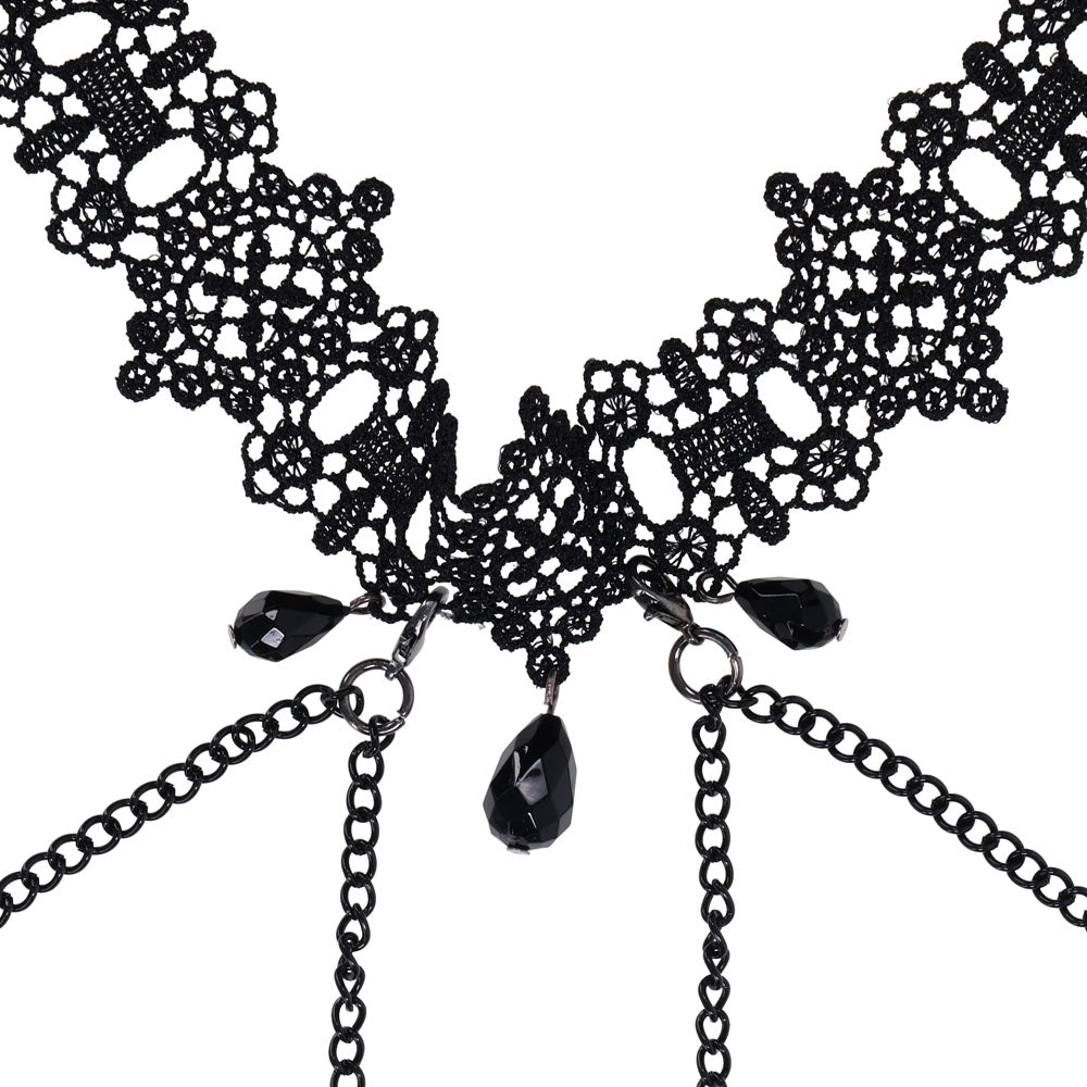 Sex & Mischief Lace Collar with Nipple Ties - Black Neck and Nipple Restraints - SS10104