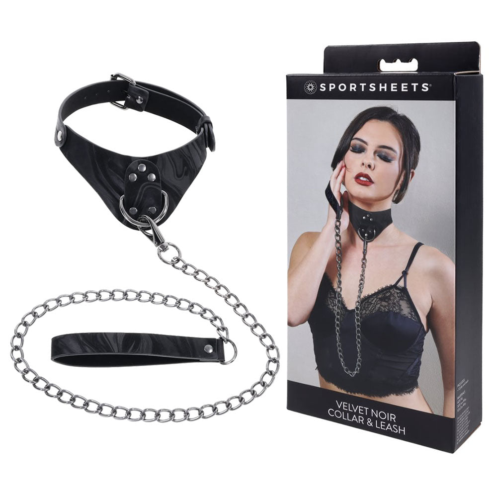 SPORTSHEETS Velvet Noir Collar & Leash - Black Restraint & Leash - SS37002