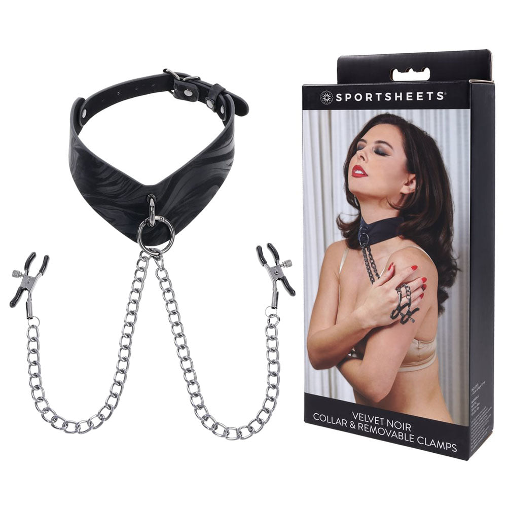 SPORTSHEETS Velvet Noir Collar & Removable Clamps - Black Neck & Nipple Restraints - SS37004