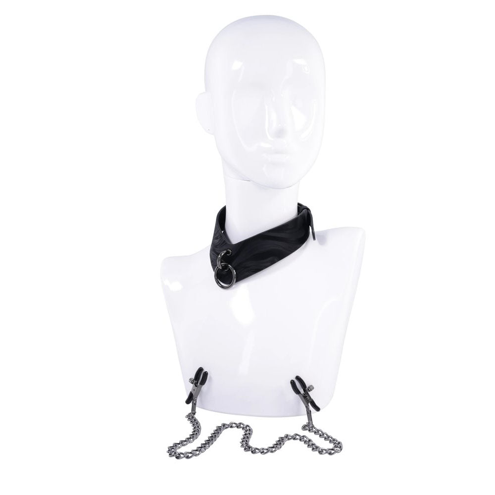 SPORTSHEETS Velvet Noir Collar & Removable Clamps - Black Neck & Nipple Restraints - SS37004