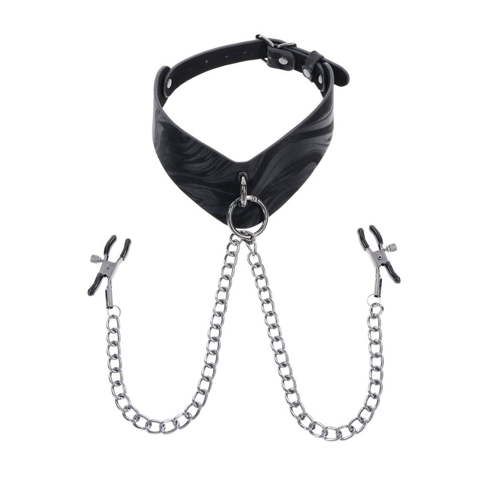 SPORTSHEETS Velvet Noir Collar & Removable Clamps - Black Neck & Nipple Restraints - SS37004