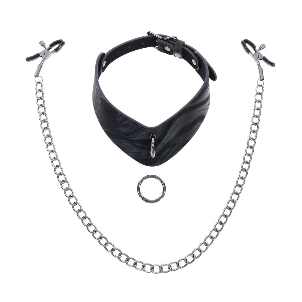 SPORTSHEETS Velvet Noir Collar & Removable Clamps - Black Neck & Nipple Restraints - SS37004