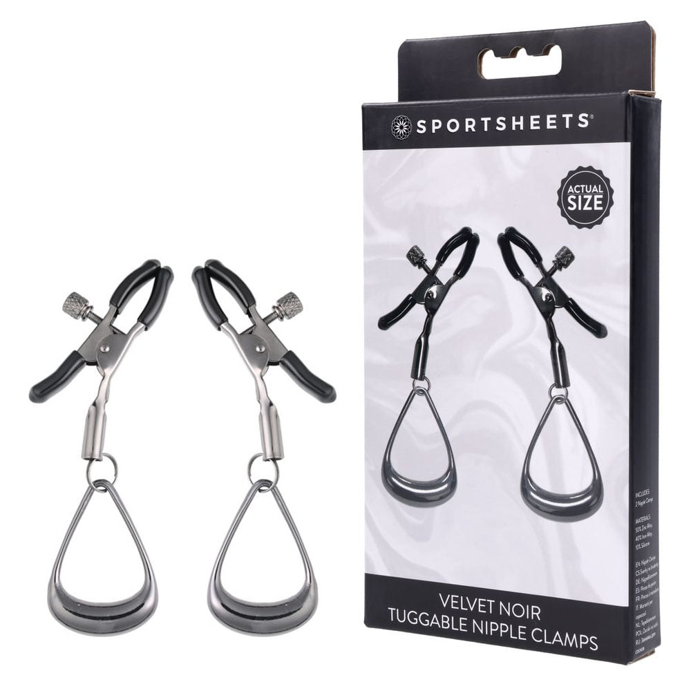 SPORTSHEETS Velvet Noir Tuggable Nipple Clamps - Gunmetal Adjustable Nipple Restraints - SS37005