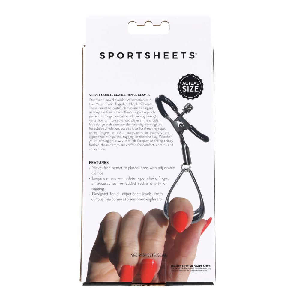 SPORTSHEETS Velvet Noir Tuggable Nipple Clamps - Gunmetal Adjustable Nipple Restraints - SS37005