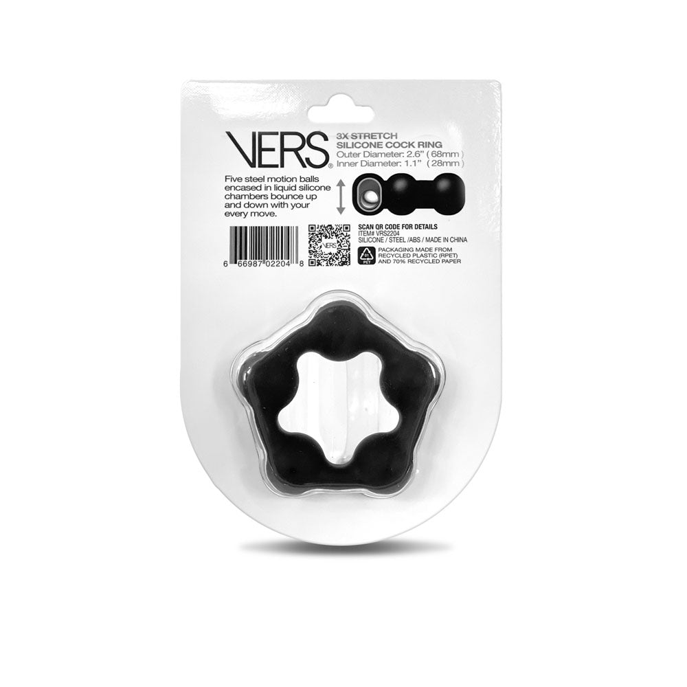 VERS Liquid Silicone Steel Motion C-Ring - Black Cock Ring with Steel Motion Balls - VRS-2204