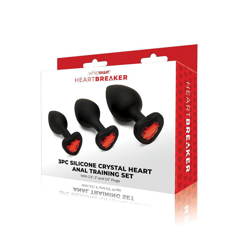 WhipSmart Heartbreaker 3PC Silicone Crystal Heart Anal Training Set - Black Butt Plugs with Heart Gem Bases - Set of 3 Sizes - WS1040