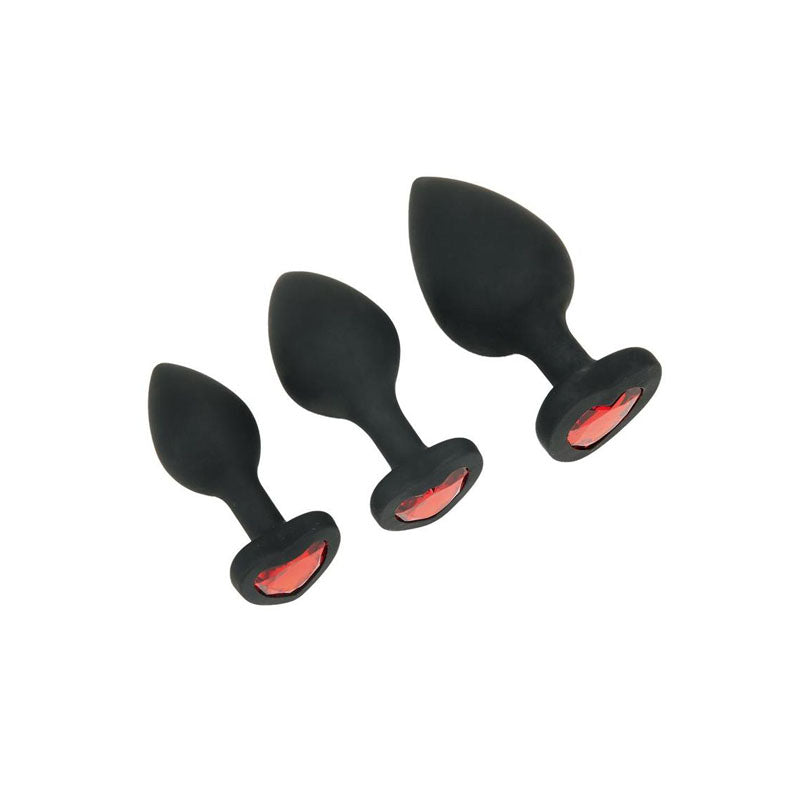 WhipSmart Heartbreaker 3PC Silicone Crystal Heart Anal Training Set - Black Butt Plugs with Heart Gem Bases - Set of 3 Sizes - WS1040