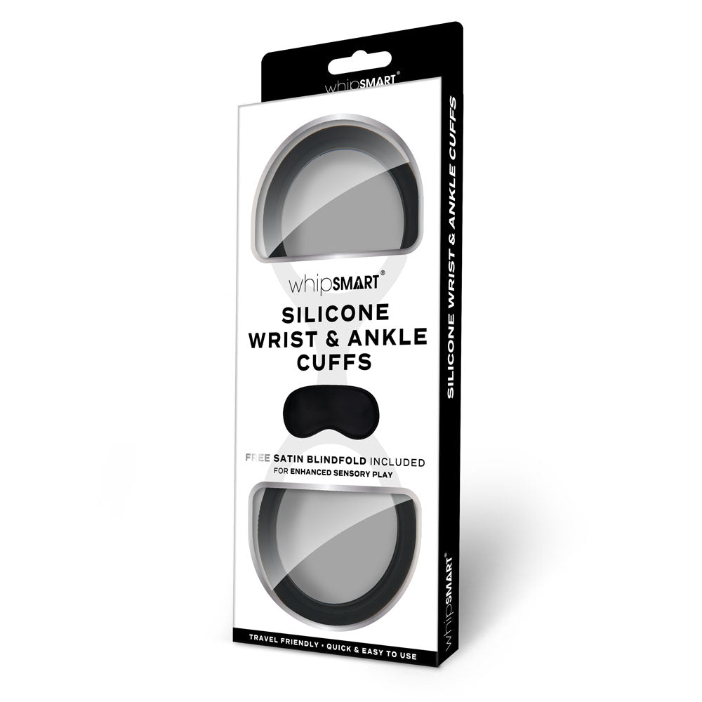 WhipSmart Silicone Wrist & Ankle Cuffs - Black - Black Restraints with Bonus Eye Mask - WS1501