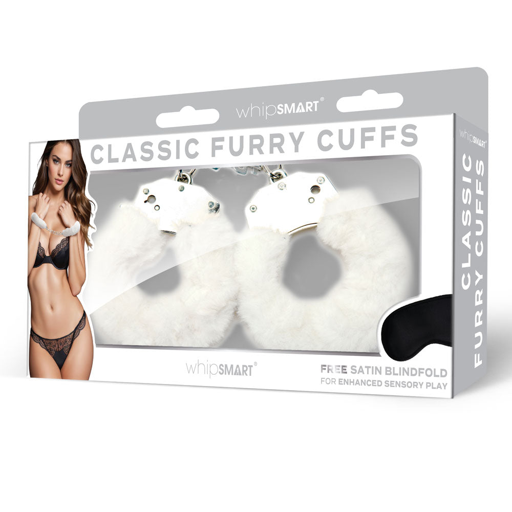 WhipSmart Classic Furry Cuffs - White - White Furry Restraints with Bonus Eye Mask - WS1503
