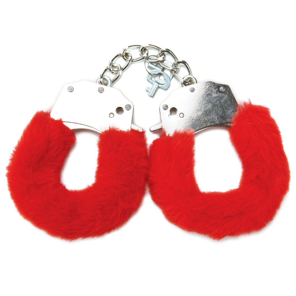 WhipSmart Classic Furry Cuffs - Red - Red Furry Restraints with Bonus Eye Mask - WS1507