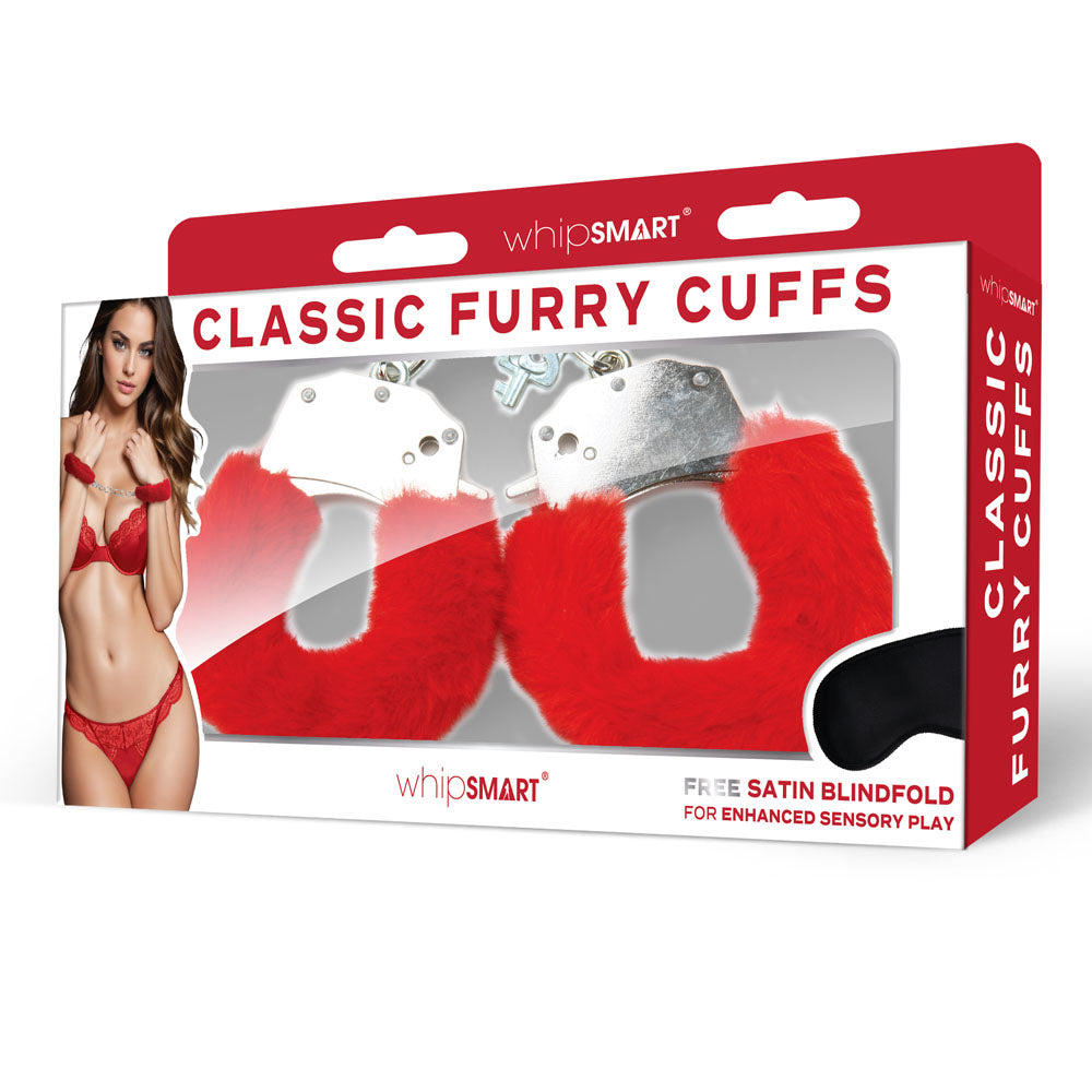 WhipSmart Classic Furry Cuffs - Red - Red Furry Restraints with Bonus Eye Mask - WS1507