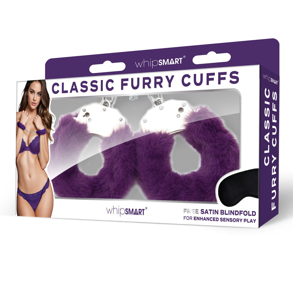 WhipSmart Classic Furry Cuffs - Purple - Purple Furry Restraints with Bonus Eye Mask - WS1508